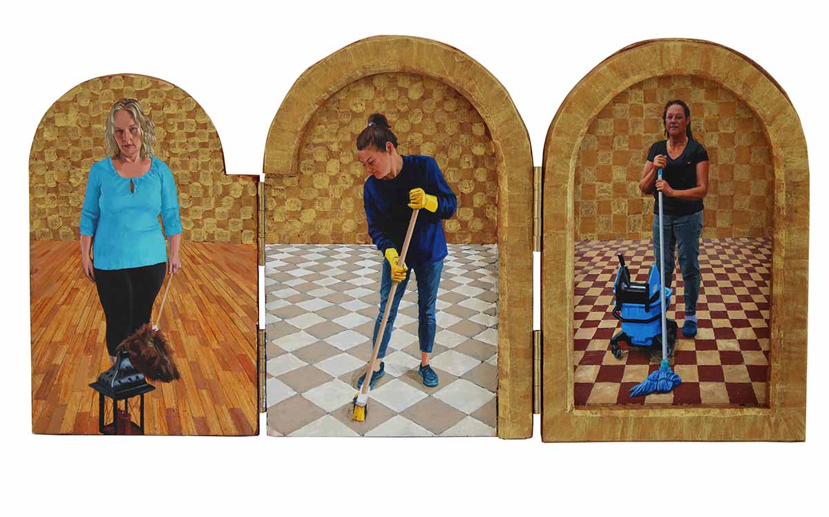 Cleanliness is next to Godliness, hinged triptych, 30x59cm, oil on mahogany panels, €1200 