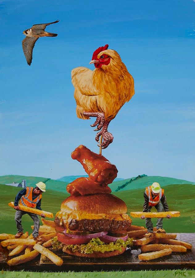 The Construction of the New Chicken Hawk Burger, collage and acrylic on paper, 41x29cm, €600