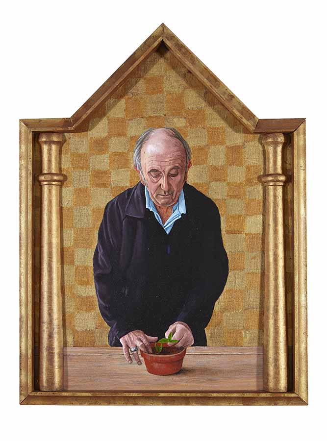 The Gardener Playing God, 50x45cm, oil on board, 2017, €1200